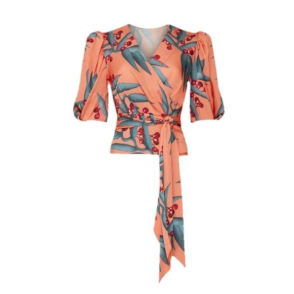 PatBo Heliconia Tropical Wrap Top Orange Size XS Puff Sleeve V-neck Resort L17 - Picture 4 of 10